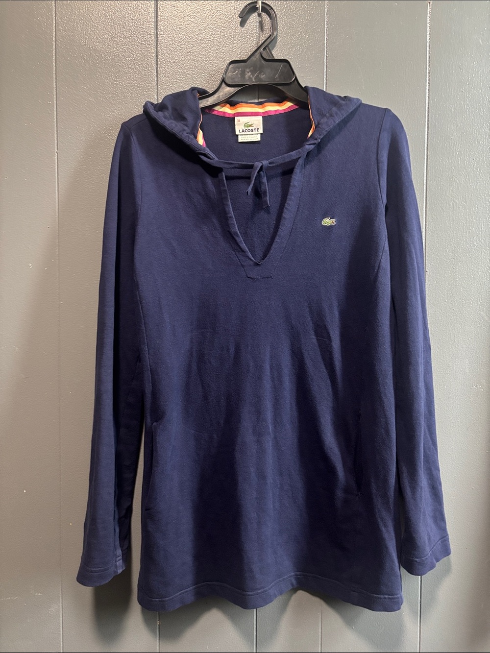 Lacoste Navy Hooded Long Sleeve Top with Crocodile Logo Medium